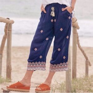 Sundance Niovi Cropped Wide Leg Pants Navy Blue Viscose Embroidered XL NWT